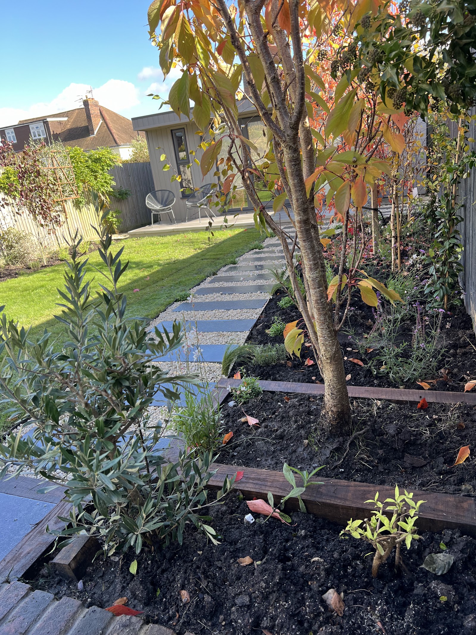 Fresh beds set out with sleeper edging and young planting.